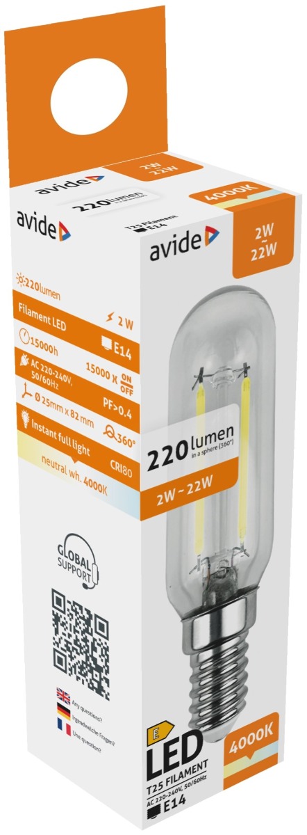 Avide LED Filament T25 2W E14 Λευκό 4000K