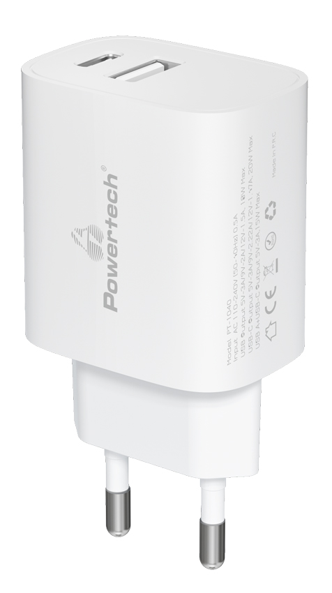 POWERTECH φορτιστής τοίχου PT-1040, USB & USB-C, PD QC3.0, 20W, λευκός PT-1040