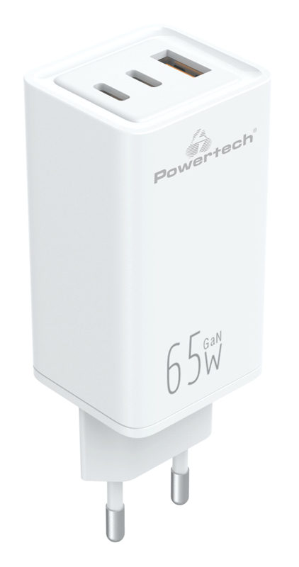 POWERTECH φορτιστής τοίχου PT-1094, USB & 2x USB-C, 65W, GaN, λευκός PT-1094