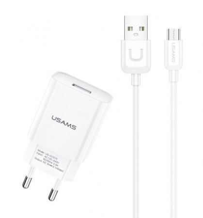 USAMS φορτιστής τοίχου T21OCMC01 με καλώδιο Micro USB, USB 2.1A, λευκός T21OCMC01