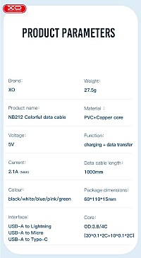 XO NB212 2.1A USB Καλώδιο Φόρτισης για Type-C Άσπρο