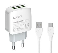 LDNIO φορτιστής τοίχου A3312 με καλώδιο USB-C, 3x USB, 17W, λευκός 6933138691069