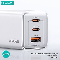 USAMS φορτιστής τοίχου US-CC180, USB & 2x USB-C, 65W PD, GaN, λευκός CC180TC02