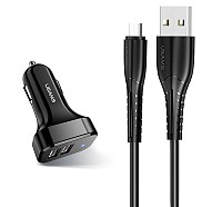 USAMS φορτιστής αυτοκινήτου C13 & καλώδιο Micro USB, 2x USB, 2.1A, μαύρο NTU35MC13TZ