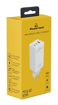 POWERTECH φορτιστής τοίχου PT-1094, USB & 2x USB-C, 65W, GaN, λευκός PT-1094