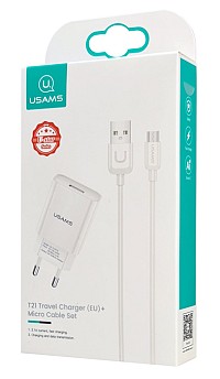 USAMS φορτιστής τοίχου T21OCMC01 με καλώδιο Micro USB, USB 2.1A, λευκός T21OCMC01