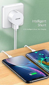 USAMS φορτιστής τοίχου T20 & καλώδιο Lightning, 2x USB, 2.1A, λευκός XTXLOGT1804