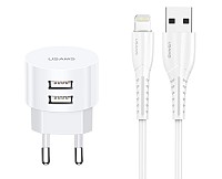 USAMS φορτιστής τοίχου T20 & καλώδιο Lightning, 2x USB, 2.1A, λευκός XTXLOGT1804