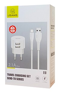 USAMS φορτιστής τοίχου T20 & καλώδιο Micro USB, 2x USB, 2.1A, λευκός XTXLOGT18MC05