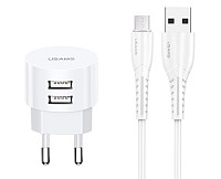 USAMS φορτιστής τοίχου T20 & καλώδιο Micro USB, 2x USB, 2.1A, λευκός XTXLOGT18MC05