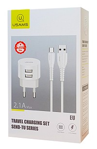 USAMS φορτιστής τοίχου T20 & καλώδιο type-C, 2x USB, 2.1A, λευκός XTXLOGT18TC05