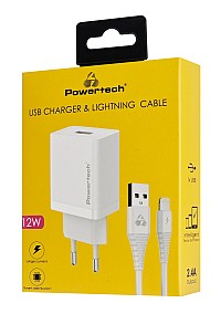 POWERTECH φορτιστής τοίχου PT-1323 με καλώδιο Lightning, USB, 12W, λευκός PT-1323