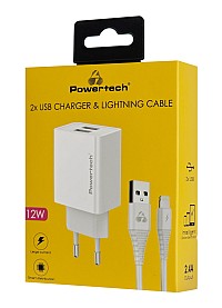 POWERTECH φορτιστής τοίχου PT-1325 με καλώδιο Lightning, 2x USB, 12W, λευκός PT-1325