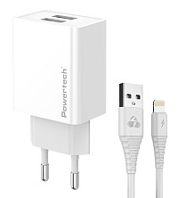 POWERTECH φορτιστής τοίχου PT-1325 με καλώδιο Lightning, 2x USB, 12W, λευκός PT-1325