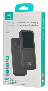 USAMS power bank US-CD193 με καλώδια, 5x έξοδοι, 10000mAh, 20W, μαύρο 10KCD19301