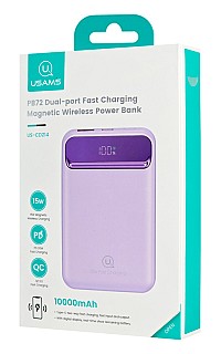 USAMS power bank US-CD214, 2x έξοδοι, wireless, 10000mAh, 20W, μωβ 10KCD21403