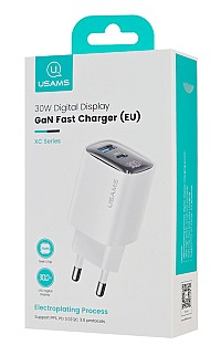 USAMS φορτιστής τοίχου US-CC229, USB & USB-C, 30W, GaN, λευκός CC229TC02