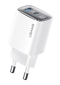 USAMS φορτιστής τοίχου US-CC229, USB & USB-C, 30W, GaN, λευκός CC229TC02