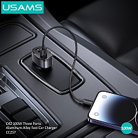 USAMS φορτιστής αυτοκινήτου US-CC257, USB/USB-C/Lightning, 100W, γκρι CC257CC01