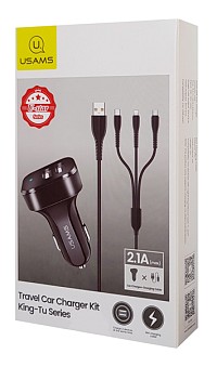 USAMS φορτιστής αυτοκινήτου C13 & καλώδιο 3 σε 1, 2x USB, 2.1A, μαύρο NTU35YTSC13TZ