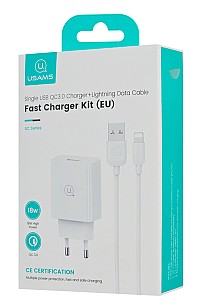 USAMS φορτιστής τοίχου SCXLTZ03 με καλώδιο Lightning, USB, 18W, λευκός SCXLTZ03