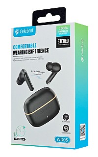 CELEBRAT earphones με θήκη φόρτισης WD03, True Wireless, 13mm, 30/300mAh, μαύρα WD03-BK