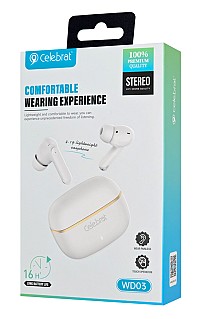 CELEBRAT earphones με θήκη φόρτισης WD03, True Wireless, 13mm, 30/300mAh, λευκά WD03-WH