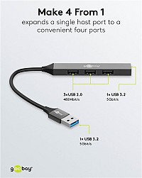 GOOBAY USB hub 74456, 4x θυρών, USB 3.2, 5Gbps, USB σύνδεση, γκρι 74456