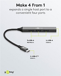 GOOBAY USB hub 74457, 4x θυρών, USB 3.2, 5Gbps, USB-C σύνδεση, γκρι 74457