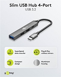 GOOBAY USB hub 74459, 4x θυρών, USB 3.2, 5Gbps, USB-C σύνδεση, γκρι 74459