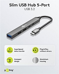 GOOBAY USB hub 74460, 5x θυρών, USB 3.2, 5Gbps, 100W, USB-C σύνδεση, γκρι 74460