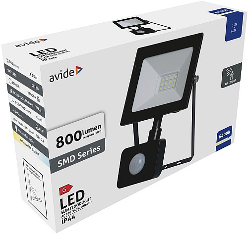 Avide LED Προβολέας Slim SMD  10W Ψυχρό 6400K Φωτοκύτταρο Value