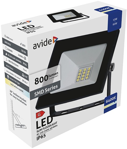 Avide LED Προβολέας Slim SMD  10W CW 6400K Value