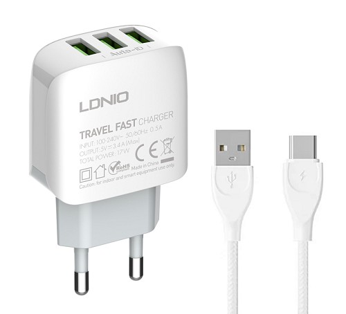 LDNIO φορτιστής τοίχου A3312 με καλώδιο USB-C, 3x USB, 17W, λευκός 6933138691069