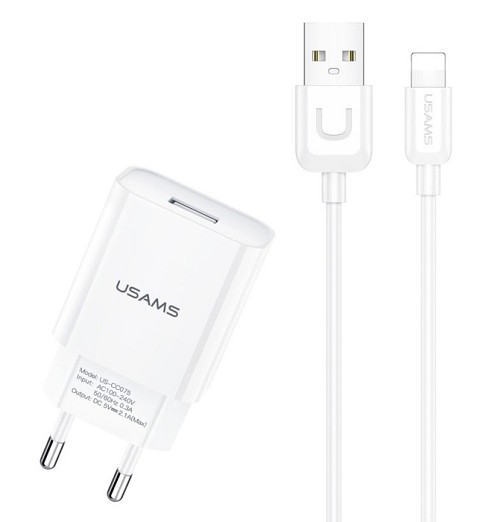 USAMS φορτιστής τοίχου T21OCLN01 με καλώδιο Lightning, USB 2.1A, λευκός T21OCLN01