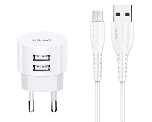 USAMS φορτιστής τοίχου T20 & καλώδιο Micro USB, 2x USB, 2.1A, λευκός XTXLOGT18MC05