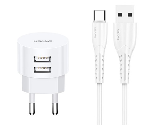 USAMS φορτιστής τοίχου T20 & καλώδιο type-C, 2x USB, 2.1A, λευκός XTXLOGT18TC05