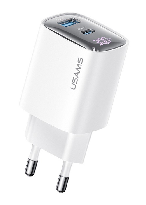 USAMS φορτιστής τοίχου US-CC229, USB & USB-C, 30W, GaN, λευκός CC229TC02