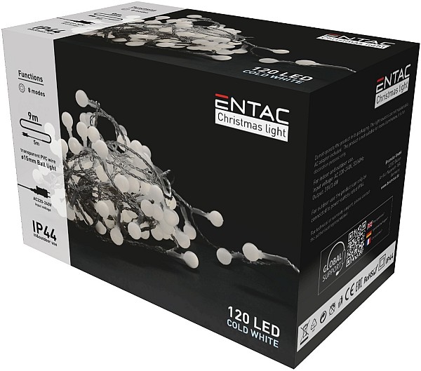 Entac Χριστουγεννιάτικα Λαμπάκια IP44 120 LED 15mm Μπάλες Ψυχρό 9m