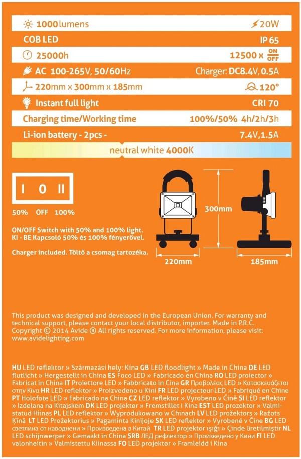 Avide LED Προβολέας Επαναφορτιζόμενος 20W Λευκό 4000K