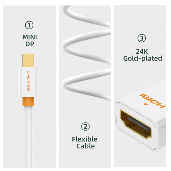 CABLETIME αντάπτορας mini DisplayPort σε HDMI CT-02G4K, 4K/30Hz, λευκός 5210131038956