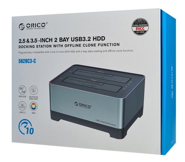 ORICO docking station 5828C3-C, clone function, 2x HDD/SSD, 10Gb/s, RGB 5828C3-C-EU-GY-BP