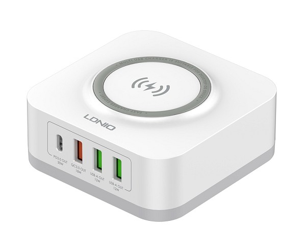 LDNIO σταθμός φόρτισης AW004, USB-C/3x USB/wireless, 32W, PD/QC, λευκός 6933138600306