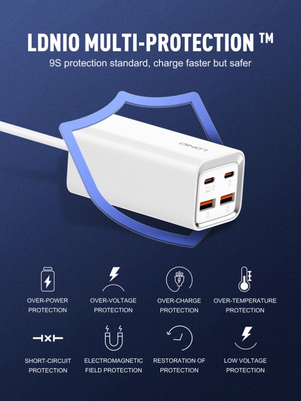 LDNIO σταθμός φόρτισης A4610C, 2x USB-C & 2x USB, 65W, PD/QC, λευκός 6933138601006