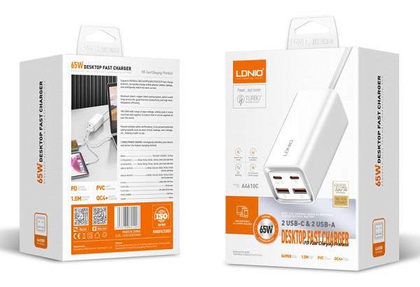 LDNIO σταθμός φόρτισης A4610C, 2x USB-C & 2x USB, 65W, PD/QC, λευκός 6933138601006