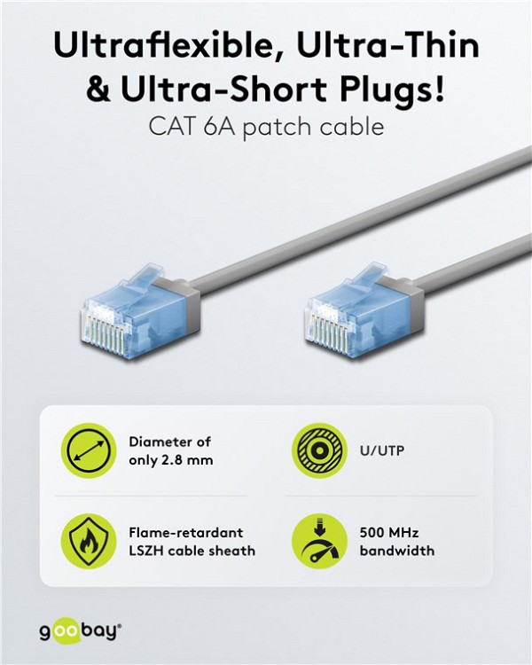 GOOBAY καλώδιο δικτύου 74222, CAT 6A U/UTP, slim, copper, 10Gbps, 1m, γκρι 74222