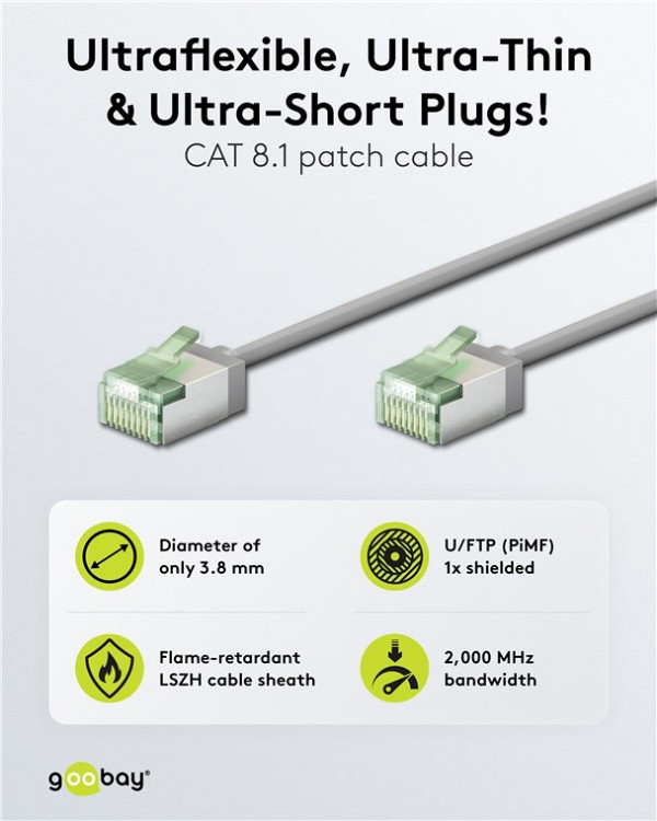 GOOBAY καλώδιο δικτύου 74344, CAT 8.1 U/FTP, slim, copper, 40Gbps, 0.25m, γκρι 74344