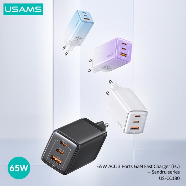 USAMS φορτιστής τοίχου US-CC180, USB & 2x USB-C, 65W PD, GaN, λευκός CC180TC02