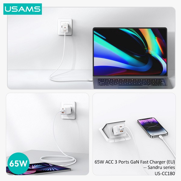 USAMS φορτιστής τοίχου US-CC180, USB & 2x USB-C, 65W PD, GaN, λευκός CC180TC02