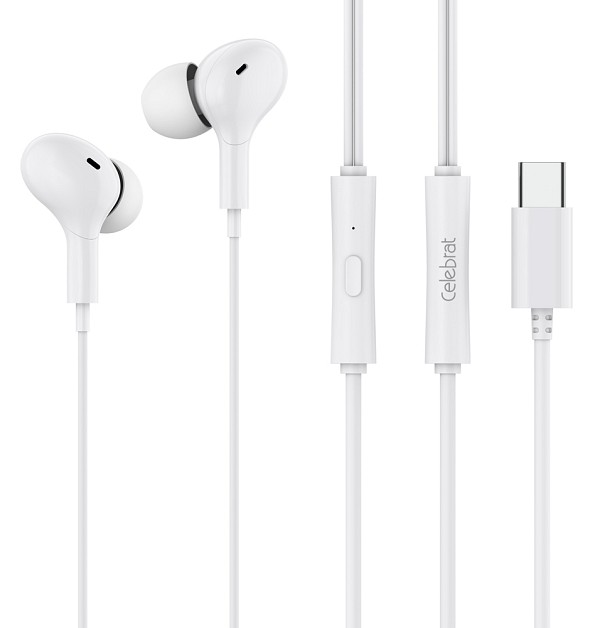 CELEBRAT earphones με μικρόφωνο D13, USB-C σύνδεση, Φ10mm, 1.2m, λευκά D13-WH